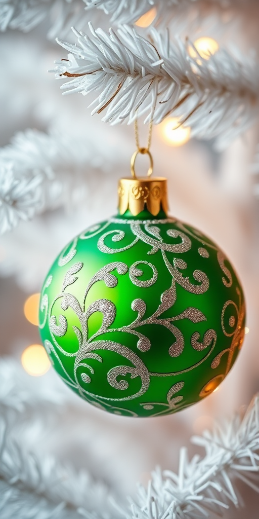 Generate an image of a close-up ornament hanging on a white Christmas tree. The ornament should be a vibrant green color with intricate swirling patterns and glitter accents. The background should be softly blurred, emphasizing the ornament and the bright white branches of the tree. Include soft, warm lights in the background to create a festive atmosphere.