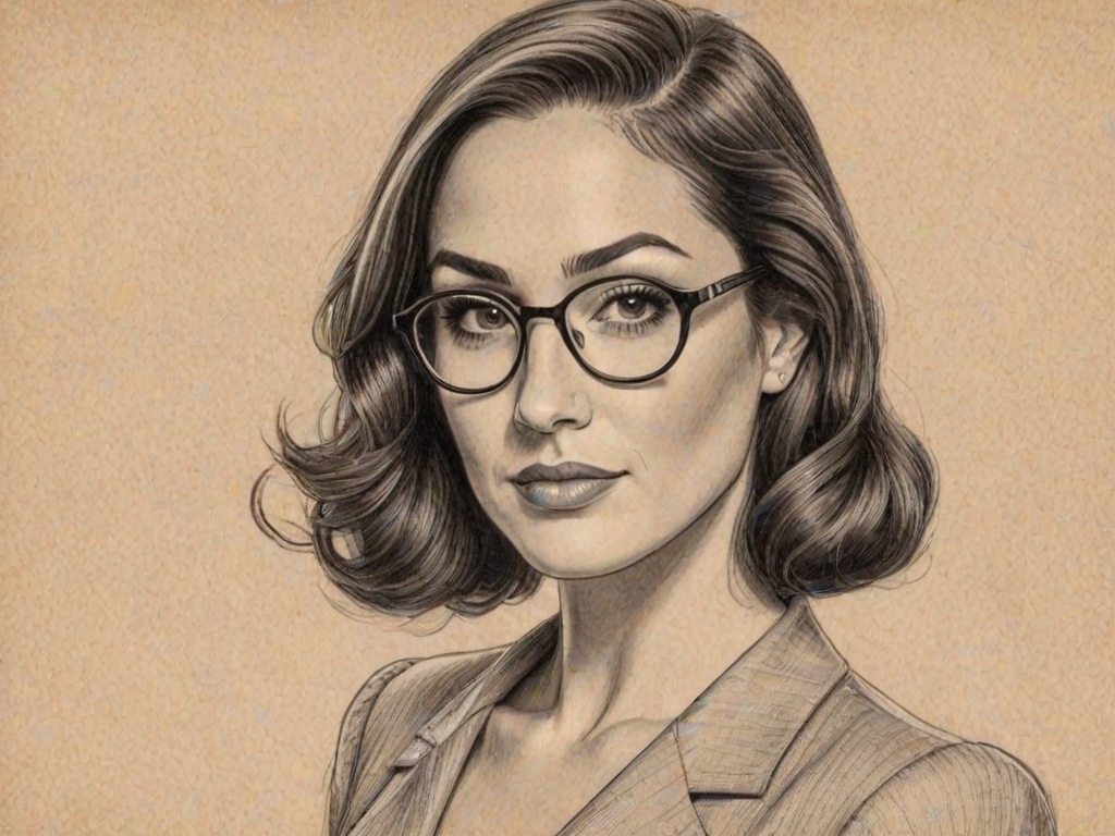 Graceful Brie Bella, pencil sketch, portrait of Resplendent woman 1941s in glasses, hair style beatnik, outline, clear lines, fine lines, 8k