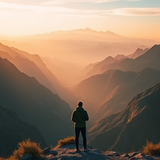 Create a high-resolution vertical landscape image showcasing a serene mountain view, incorporating a person standing in the foreground, with layers of textured scenery blending into an artistic representation of nature, using a DSLR camera with a 24mm lens, aperture at f/8, ISO 100, shot at golden hour for warm lighting and enhanced color saturation.