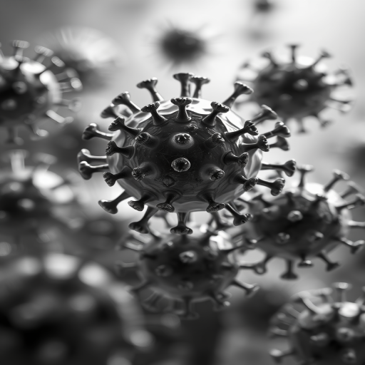 close-up view of detailed 3D virus models in a monochromatic setting, high dynamic range, f/2.8 aperture, ISO 100, 50mm lens, shallow depth of field, soft focus background, studio lighting