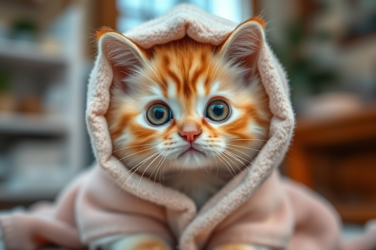 Cute fluffy cat with large expressive eyes wearing a cozy hooded blanket in soft pastel colors sitting indoors with a warm and inviting ambiance
