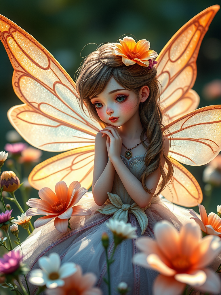 Generate a detailed illustration of a whimsical fairy with delicate wings, surrounded by flowers, captured with a DSLR camera at f/2.8 aperture, ISO 100, 50mm lens, in soft natural lighting, with a shallow depth of field to enhance the vibrant colors and intricate details.