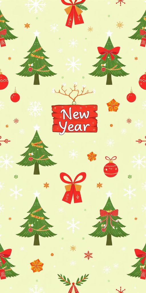 create a seamless pattern design featuring holiday elements like Christmas trees, ornaments, snowflakes, and a sign saying "New Year" on a light green background, in a vector style, captured with a Canon EOS 5D Mark IV, 50mm lens, aperture f/8, ISO 200, soft natural lighting for enhanced clarity and detail