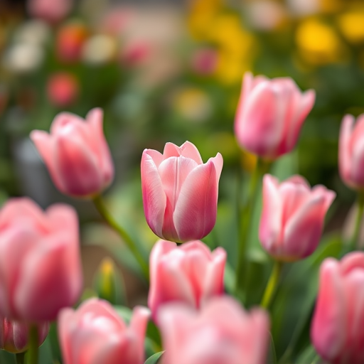 close-up of pink tulips in a garden with a shallow depth of field, f/1.8, 50mm lens, ISO 100, natural light, soft focus, Canon DSLR