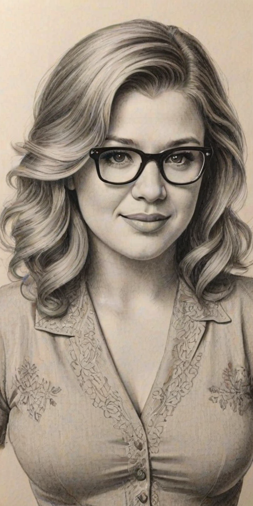 Superb Kelly Clarkson, pencil sketch, portrait of Charming woman 1940s in glasses, hair style beatnik, outline, clear lines, fine lines, 8k