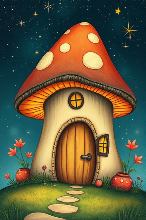 this picture is illustration of a mushroom house with a door and a window, a storybook , fantasy art, mushroom house, bg starry sky, sparkles