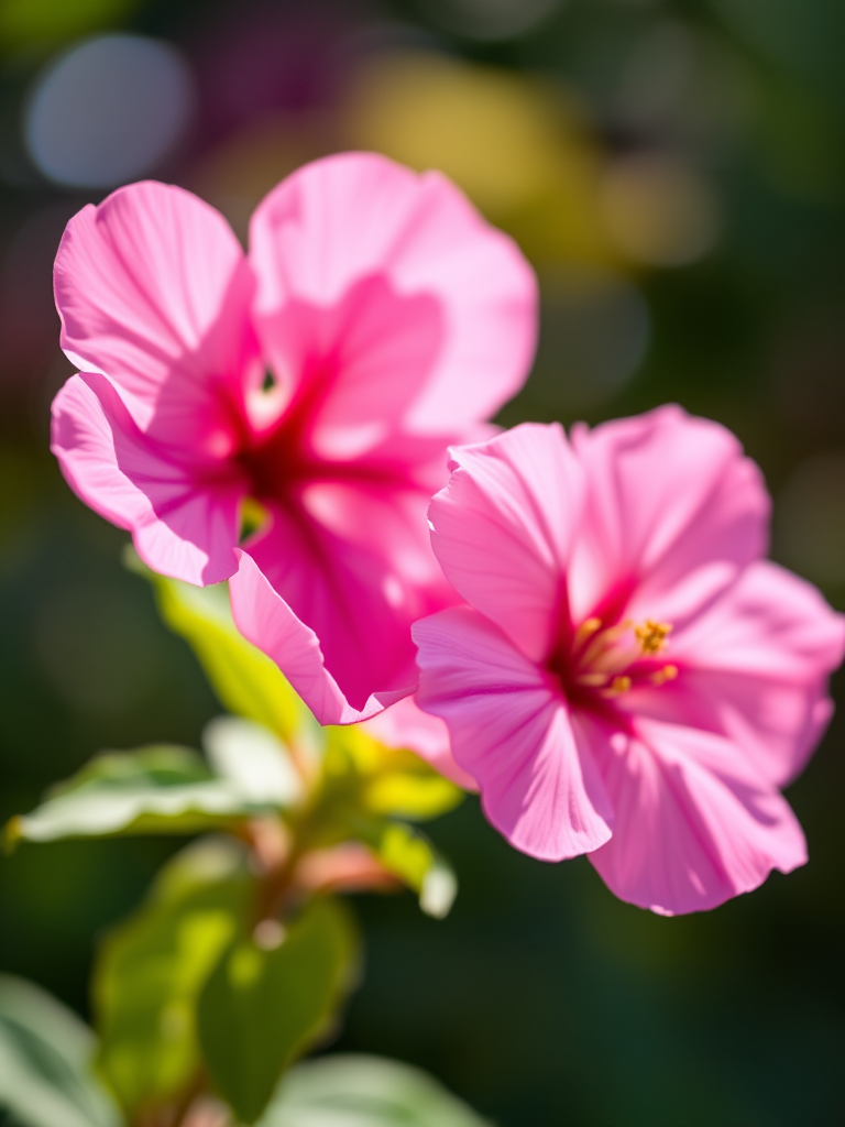 photograph of a pink flower with soft green leaves in the background, taken with a Canon EOS R5, 85mm lens, aperture f/1.8, shutter speed 1/500s, ISO 100, natural light, shallow depth of field, bokeh effect