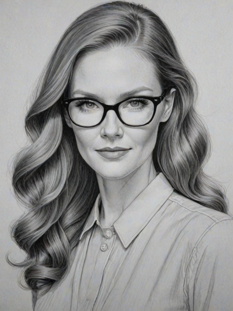 Gorgeous Darby Stanchfield, pencil sketch, portrait of Exquisite woman 1949s in glasses, hair style beatnik, outline, clear lines, fine lines, 8k