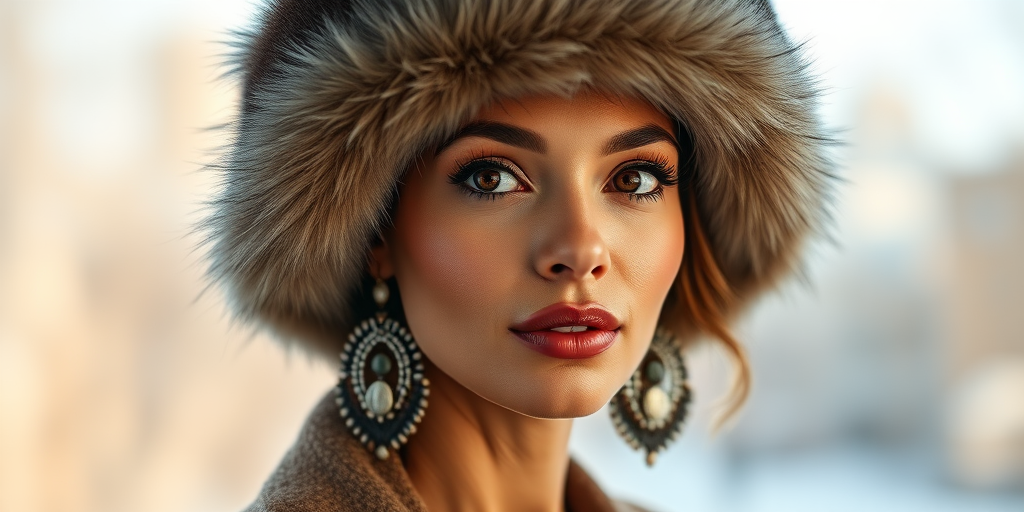 portrait of a woman wearing a fur hat and large earrings, soft focus background, natural lighting, 85mm lens, f/1.8 aperture, ISO 100, studio setup