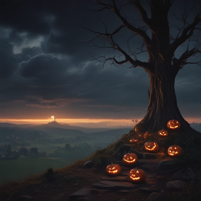 Spooky Halloween Night with Glowing Jack-o'-Lanterns Under a Darkened Sky