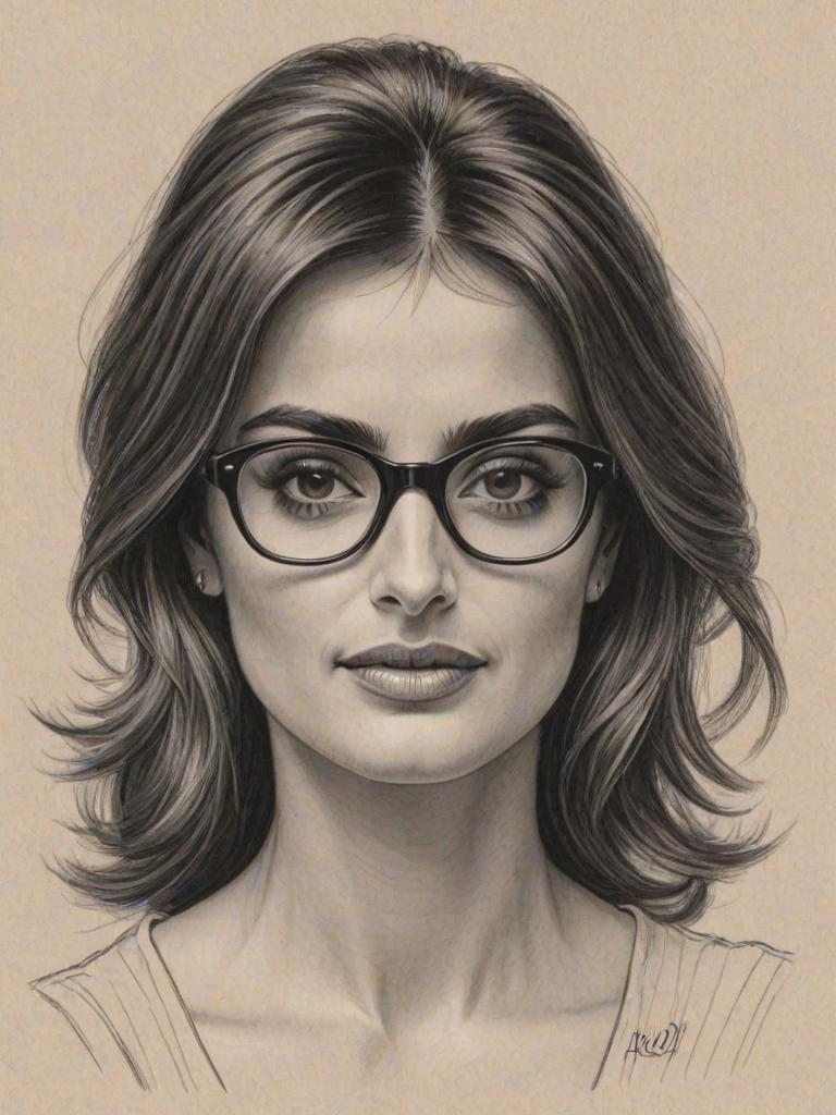 Dazzling Penelope Cruz, pencil sketch, portrait of Enchanting woman 1949s in glasses, hair style beatnik, outline, clear lines, fine lines, 8k