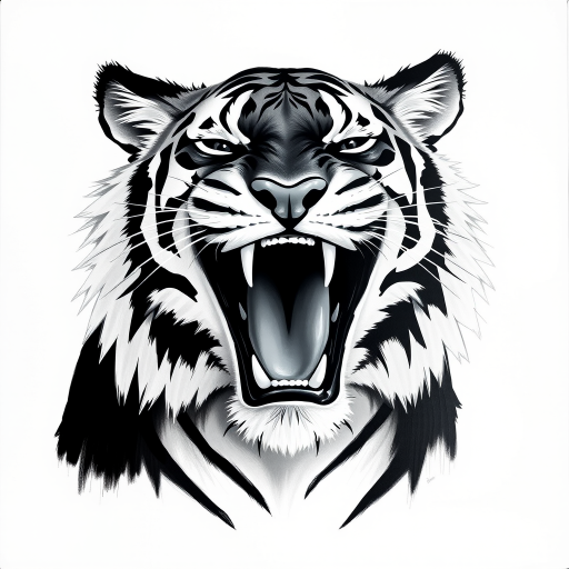 Abstract black and white acrylic portrait of an over exaggerated laughing (tiger). Minimalism style. White background.