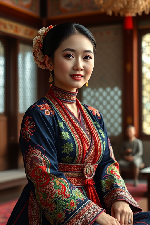 A beautiful Hmong woman in traditional East Asian attire, intricately detailed with embroidered patterns, sitting gracefully in a richly decorated room, soft ambient lighting, serene and elegant, ultra-realistic, 8K resolution