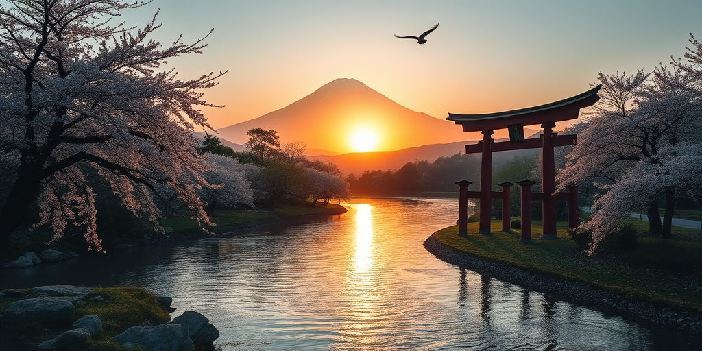 Create a serene landscape featuring a river winding through a tranquil scene with cherry blossom trees, a torii gate in the foreground, a majestic mountain in the background, a rising sun in the sky, and a bird in flight, captured with a Canon EOS 5D Mark IV, 50mm lens, f/1.8 aperture, at ISO 100, with a shallow depth of field and soft focus for an artistic effect.