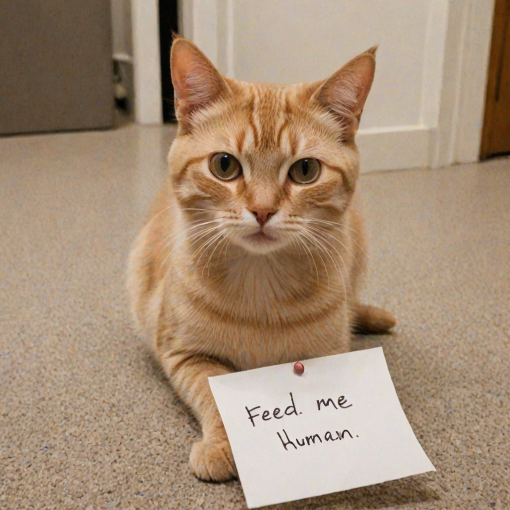 cat holding a note which says "FEED ME HUMAN"
