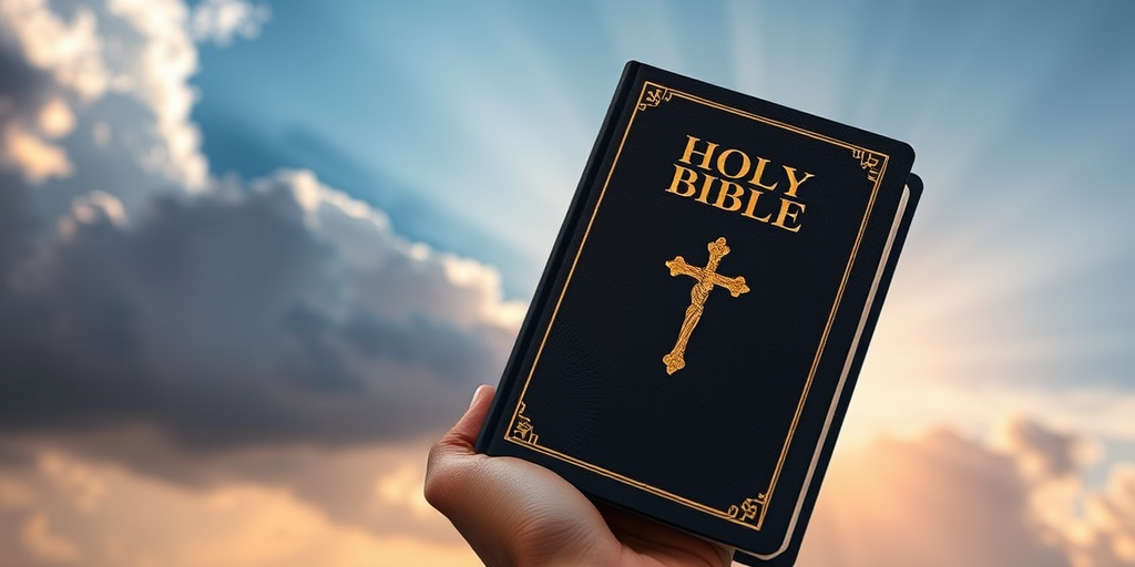 Create an image of a hand holding a black Holy Bible with a gold cross on the cover, set against a dramatic sky filled with clouds and a soft radiant light in the background, using a Canon EOS R5 camera, 50mm lens, f/1.8 aperture, ISO 100, and a soft focus style to enhance image quality.
