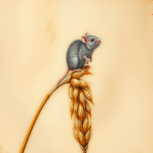 Soft, muted Alcohol Ink with ebru effect background image of tiny whimsical rat, who climbed high on the top of a golden rye ear.