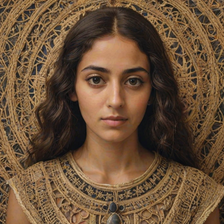 Face, shoulders, chest covered in openwork Coptic embroidery. Raw, unedited image.