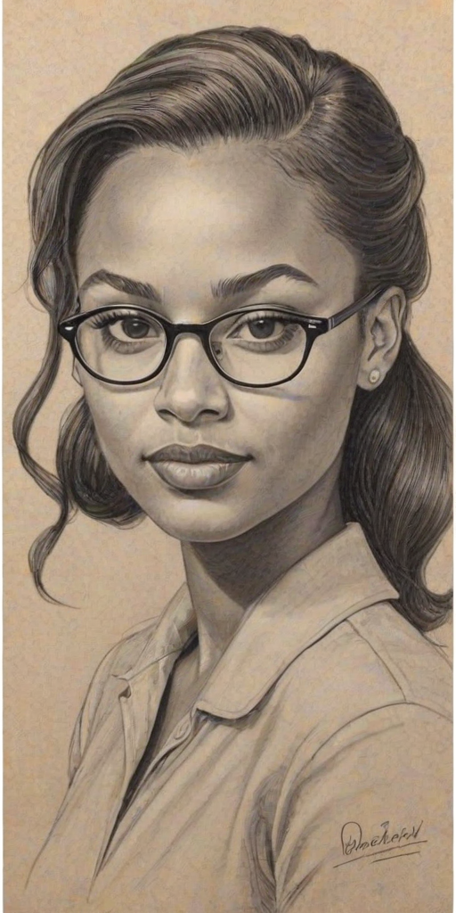 Wonderful Nia Sioux, pencil sketch, portrait of Appealing woman 1946s in glasses, hair style beatnik, outline, clear lines, fine lines, 8k