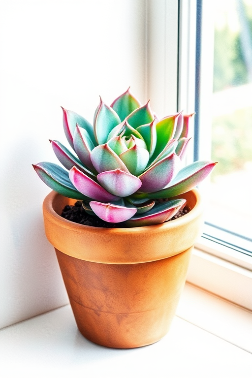 A detailed watercolor illustration of a succulent plant in a terracotta pot, captured with a Canon EOS R5, 50mm f/1.2 lens, in natural light from a soft window, with a focus on vibrant colors and textures.