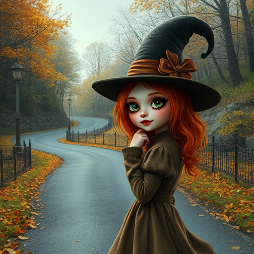 digital art fantasy depicting a strange girl with orange hair, long eyelashes, brown lipstick and a tall hat walking along a winding road on an autumn afternoon, an Oyster smiles as she passes