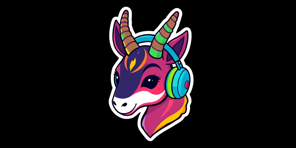 imagine sticker, Happy Colorful Oryx wearing Headphones, kawaii, contour, vector, black background