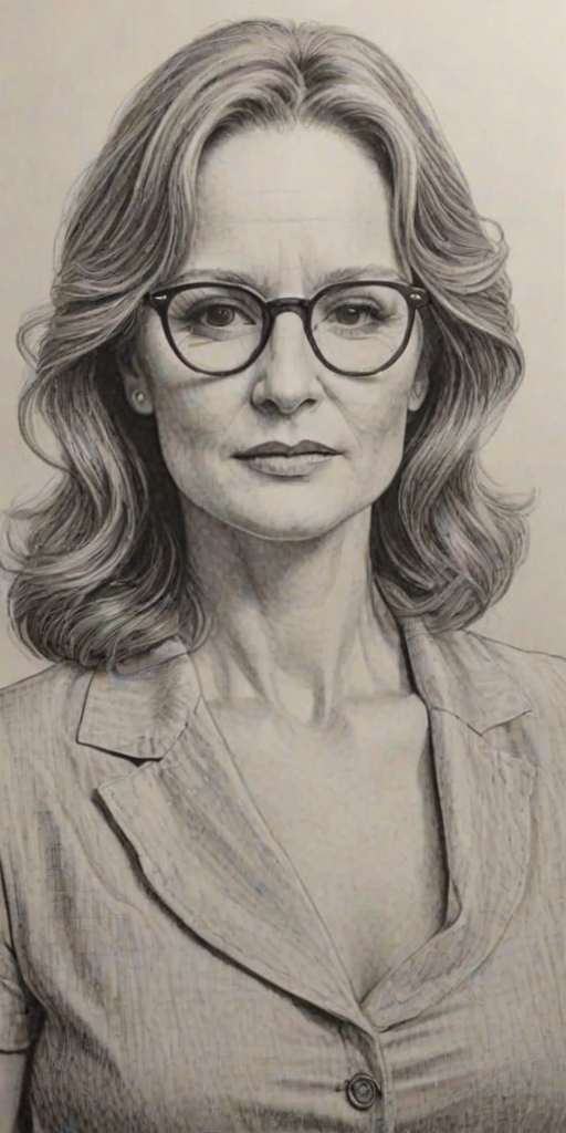 Splendid Melissa Leo, pencil sketch, portrait of Attractive woman 1966s in glasses, hair style beatnik, outline, clear lines, fine lines, 8k