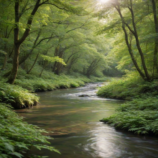 Soft-focus image of a tranquil river winding through a lush green forest, soft light filtering through the leaves, creating a serene and peaceful atmosphere.