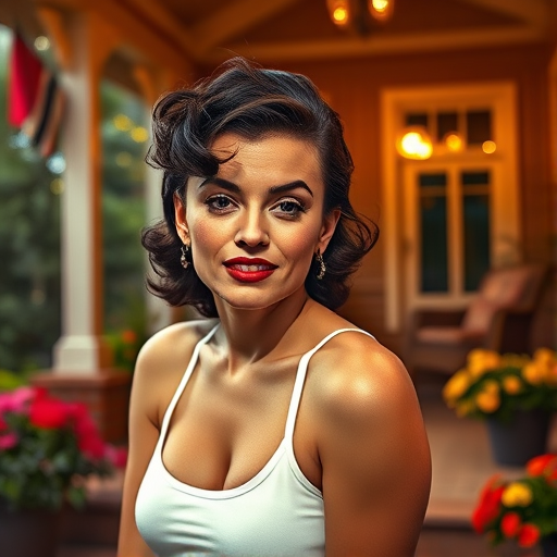A photo of Marilyn Monroe with a background of a cozy porch. She has dark hair pulled back in an updo, with tendrils framing her face. She wears a white tank top and sits on the porch. The porch is part of a well-lit home with a warm, earthy tone and colorful flowers and foliage. The overall scene has a warm, welcoming, and comfortable ambiance.