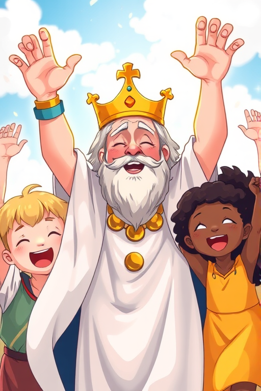 Create a colorful and vibrant illustration of a joyful scene featuring a kingly figure in a white robe with a golden crown, surrounded by five cheerful children with varying hairstyles and skin tones, all raising their arms in celebration, captured in a digital art style using a high-resolution setting with a wide aperture for depth of field and a vibrant color saturation.