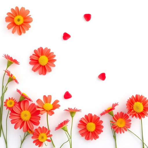 Create a bright, minimalistic floral design featuring soft red flowers with yellow centers scattered across a clean background, captured with a DSLR camera at f/2.8 aperture, ISO 100, and a 50mm lens for shallow depth of field, using a top-down view for a delicate touch.
