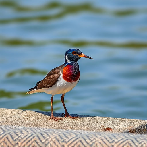 A sharp photograph of a bird standing on a textured surface by the water, with vibrant colors, taken with a DSLR camera, aperture f/4, shutter speed 1/1000, ISO 200, focus on the bird, shallow depth of field to blur the background.