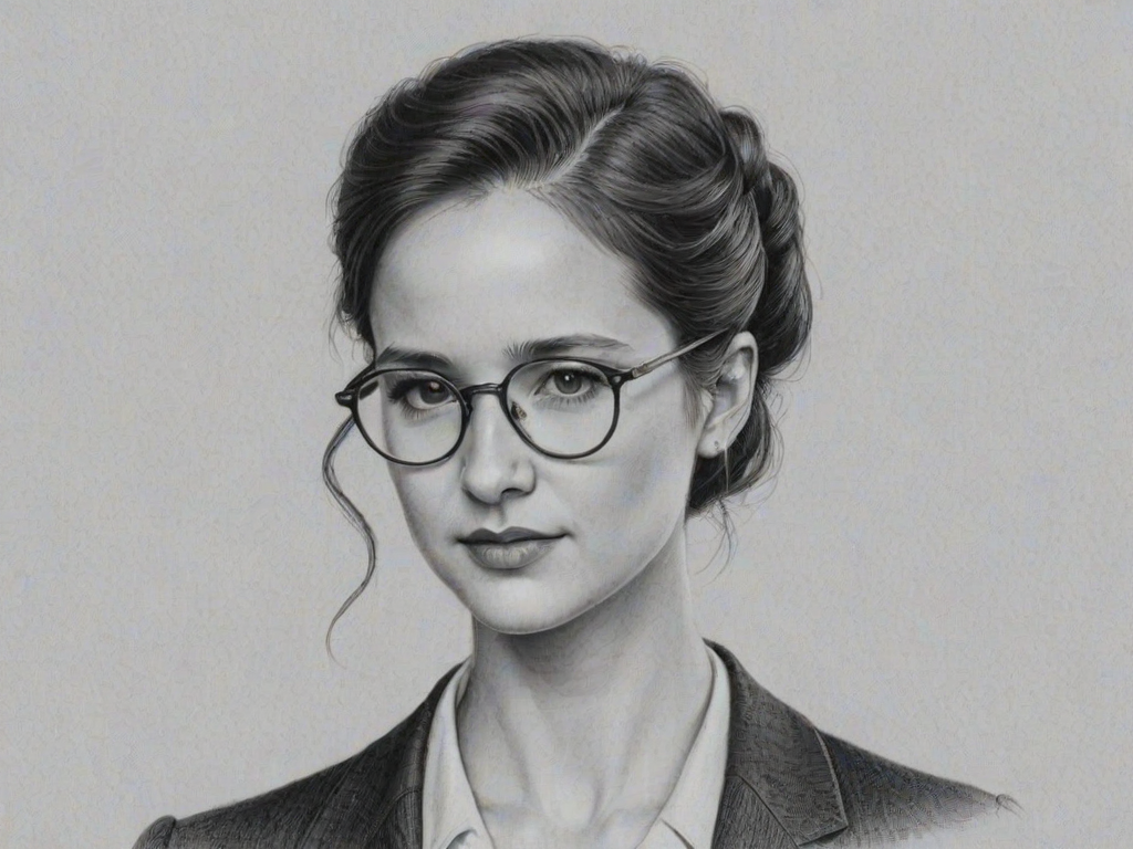 Alluring Katherine Waterston, pencil sketch, portrait of Exquisite woman 1939s in glasses, hair style beatnik, outline, clear lines, fine lines, 8k