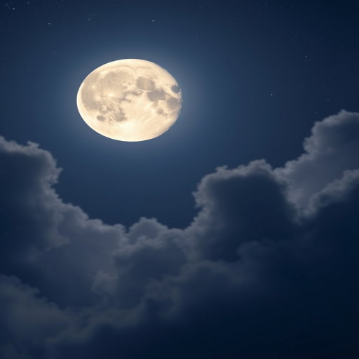 Create an ethereal moonlit scene featuring a large crescent moon with a serene face, surrounded by fluffy clouds and twinkling stars, captured at night using a Canon EOS R5 with a 50mm lens, aperture set to f/1.8, ISO 200, and a soft-focus style to enhance the dreamlike quality.