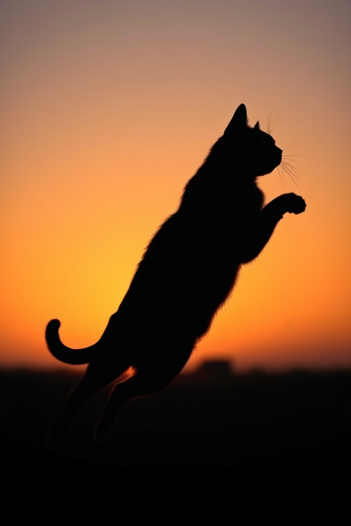 Create an artistic silhouette of a leaping cat against a gradient sunset background, using a DSLR camera with a focal length of 50mm, aperture set to f/1.8, ISO 200, and a low-angle view for dramatic effect, in portrait orientation.