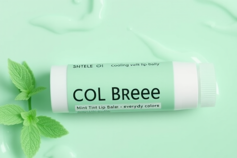 Pastel mint green lip balm "Cool Breeze" with a subtle tint and nourishing ingredients, perfect for everyday hydration and a fresh pop of color, infused with cooling menthol