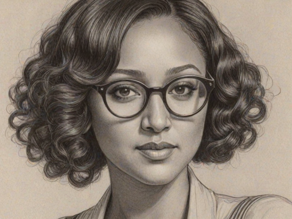 Superb Tamera Mowry, pencil sketch, portrait of Charming woman 1928s in glasses, hair style beatnik, outline, clear lines, fine lines, 8k