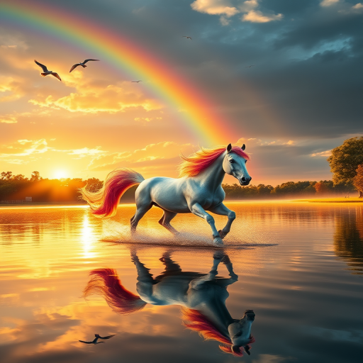 A majestic unicorn with a flowing rainbow mane galloping across a shimmering lake during sunrise, surrounded by vibrant rainbows, lush trees, and birds soaring in the sky, shot with a Canon EOS R5, 50mm f/1.2 lens, aperture f/2.8, shutter speed 1/500s, ISO 100, in high dynamic range for enhanced details and vivid colors.