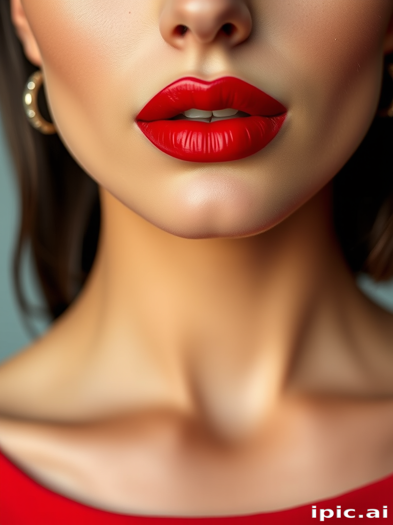 Elegant woman lips showcasing a classic red satin lipstick, timeless and sophisticated, full and symmetrical, embodying confidence and glamour