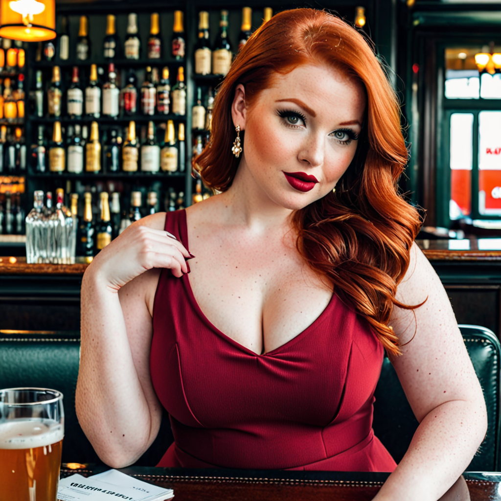 Curvy redhead with lipstick in the pub.