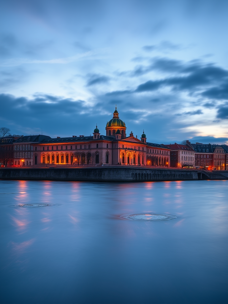 Capture a stunning twilight view of a historic building by the water, with long exposure to smooth the water surface, using a DSLR camera with a 24mm lens, aperture f/8, ISO 100, 15-second exposure time, and a polarizing filter for enhanced colors and contrast.