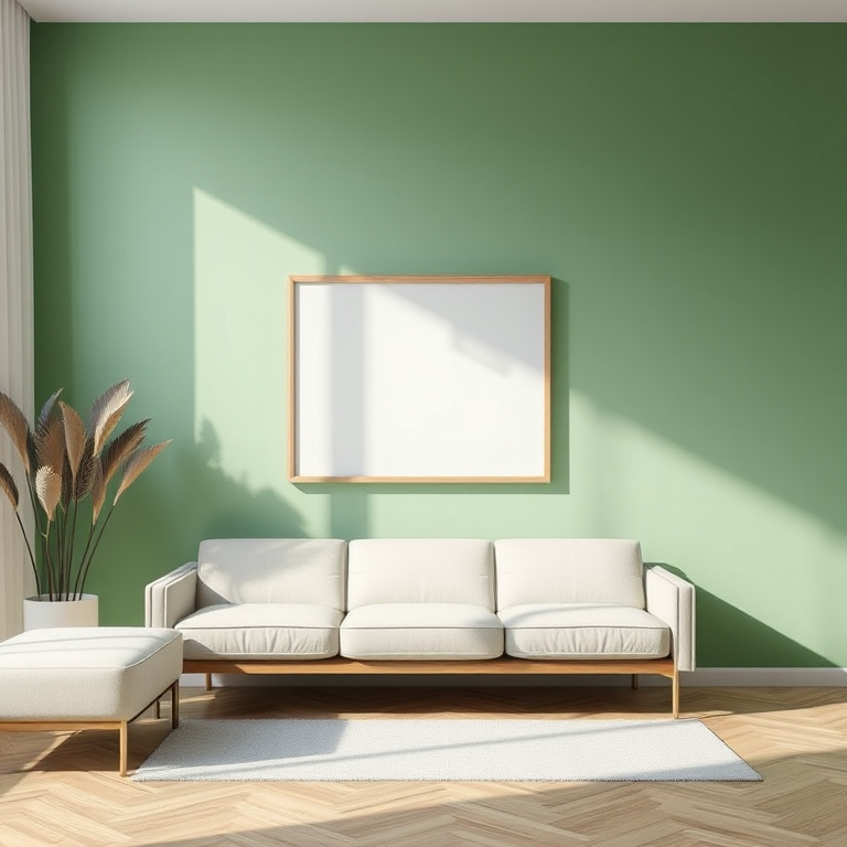modern interior design with a minimalist couch and a blank picture frame on a green accent wall, natural light, soft focus, 50mm lens, f/2.8 aperture, ISO 200, DSLR camera, wide-angle view
