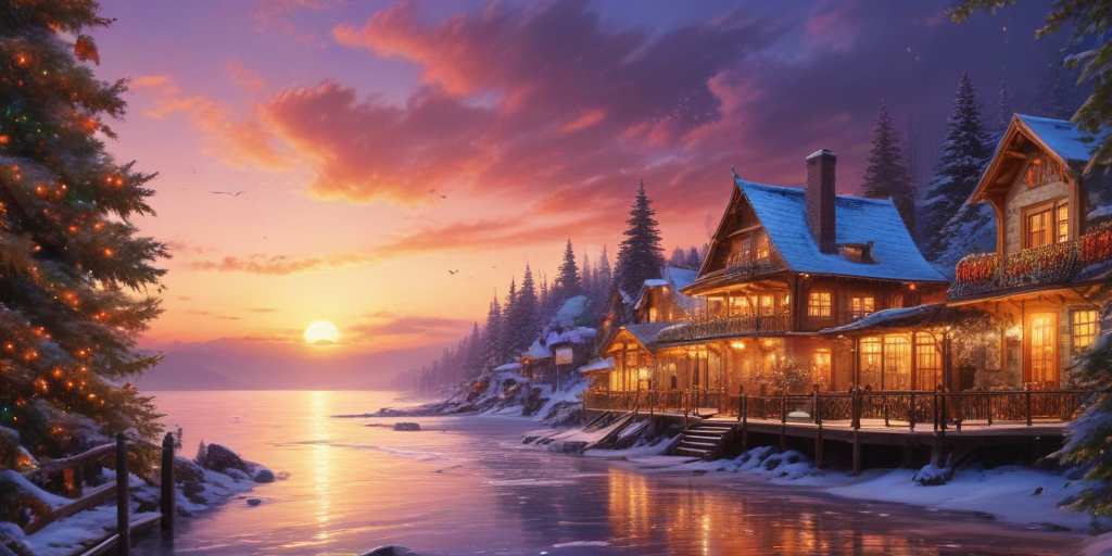 Charming Winter Sunset Over Cozy Cabins by a Serene Frozen Lake