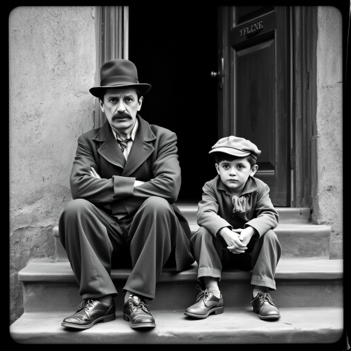 A black-and-white photograph of a man and a child sitting on steps in front of a doorway. The man is dressed as a tramp with a bowler hat, mustache, and ragged clothes, reminiscent of Charlie Chaplin's iconic look. He is sitting with his arms crossed and an expression of slight sadness or frustration. Next to him is a young boy, also in worn clothes and a cap, sitting with his hands clasped, looking thoughtful. The background is an old, textured wall and a partially open door, creating a vintage, early 20th-century atmosphere.