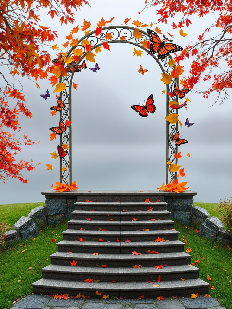 create an image of a staircase leading to a decorative arch adorned with colorful butterflies and autumn leaves, set against a misty lake backdrop