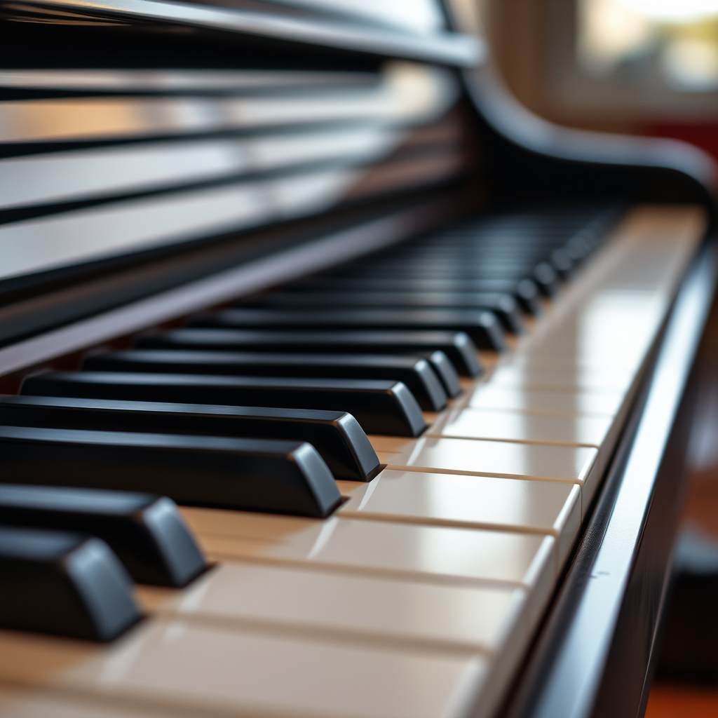Create a high-resolution image of a piano keyboard viewed from above with a shallow depth of field, using a DSLR camera, 50mm lens, f/2.8 aperture, ISO 100, and natural lighting for enhanced contrast.
