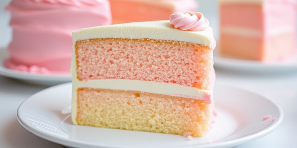 A slice of pink cake with layers of soft sponge and creamy frosting displayed on a white plate with a blurred background of more cake slices and a pastel color theme.