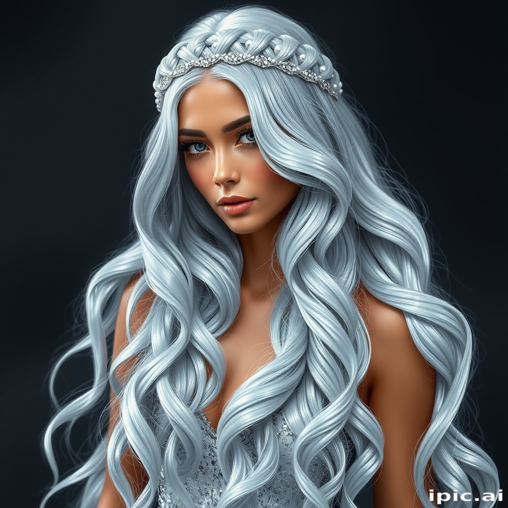 Striking silver-platinum mermaid waves cascade down to the waist, shimmering with an ethereal glow that catches the light like moonbeams on water, showcasing the "Lunar Cascade" style with its intricate braided crown and delicate pearl accents woven throughout the flowing tresses, creating a mesmerizing and otherworldly appearance that captivates onlookers and exudes an air of mystical elegance
