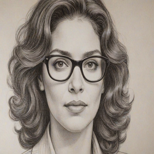 Fetching Aida Turturro, pencil sketch, portrait of Attractive woman 1970s in glasses, hair style beatnik, outline, clear lines, fine lines, 8k
