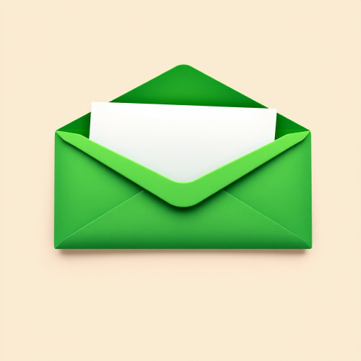 A vibrant green envelope slightly open with a letter peeking out, background in soft beige, high contrast, 50mm lens, f/2.8 aperture, ISO 100, slight bokeh effect, top-down view, digital illustration style.